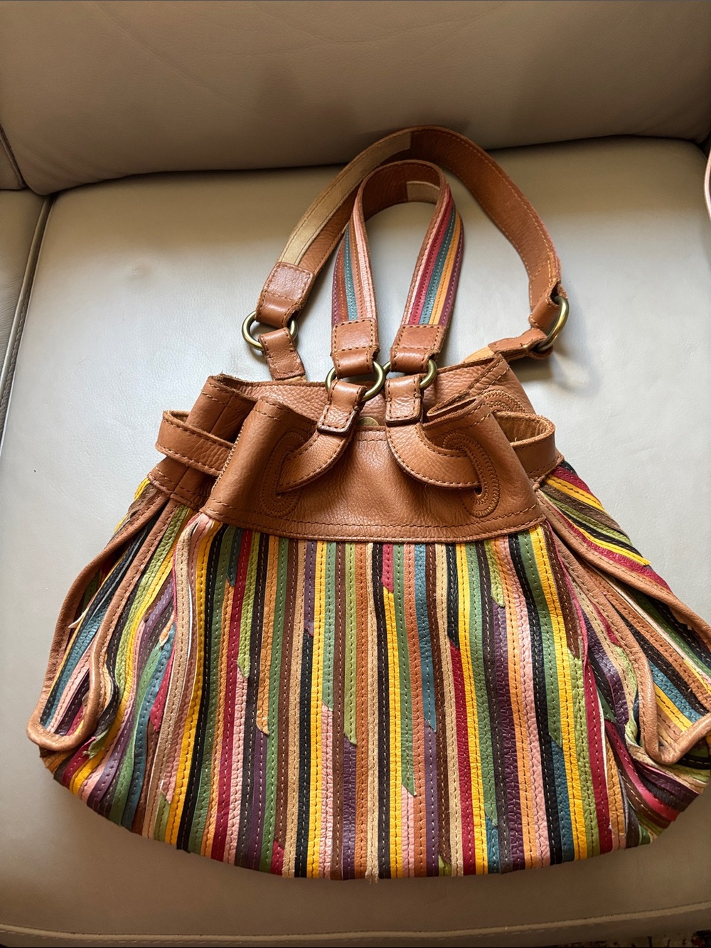 Lucky Brand Multicolor Striped Shoulder Bag with Brown Trim